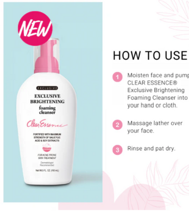 Clear Essence foaming cleanser with usage instructions on a light blue background